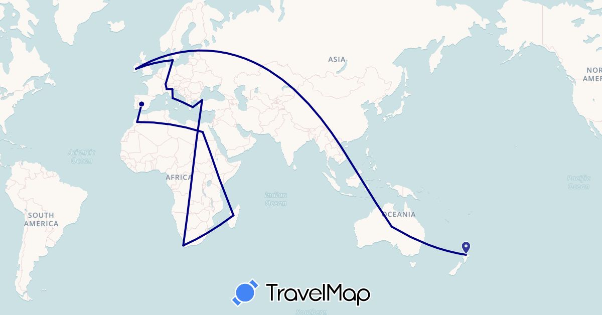 TravelMap itinerary: driving in Australia, Switzerland, Denmark, Egypt, Spain, Greece, Ireland, Italy, Kenya, Morocco, Madagascar, New Zealand, Turkey, South Africa (Africa, Asia, Europe, Oceania)
